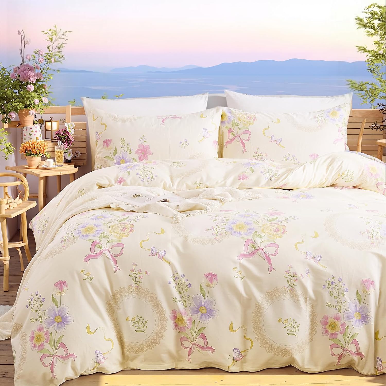 Aesthetic Floral Duvet Cover - 花柄のデュベカバー（クイーン/キングサイズ）- 100％コットン製、リバーシブル仕様、ファスナー付き、3点セット。柔らかく通気性の良い、美しいデザインのクリーム色の寝具セット。枕カバー2枚付き。