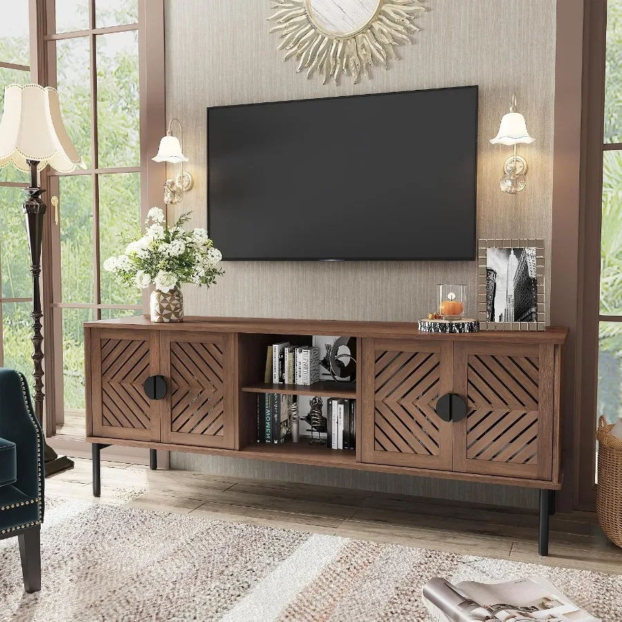 Storage & Organization - 63cmのテレビ台。リビングルーム用。収納棚付きのエンジニアードウッド製エンターテイメントセンター。ブラウン仕上げ。モダンなデザインで、頑丈な作り。