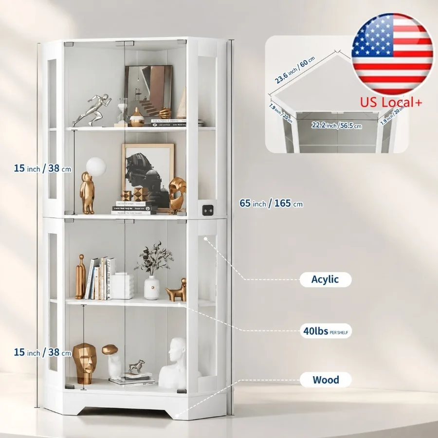 Storage & Organization - 65インチの白いコーナー型コレクションキャビネット。モーションセンサー付きの3色LEDライトで、展示や収納に最適。