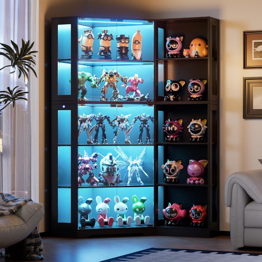 Storage & Organization - リビングに置くための、ガラス扉とLEDライト付きのコーナー型ディスプレイキャビネット。コレクションを収納するのに最適。黒色の強化ガラス製。