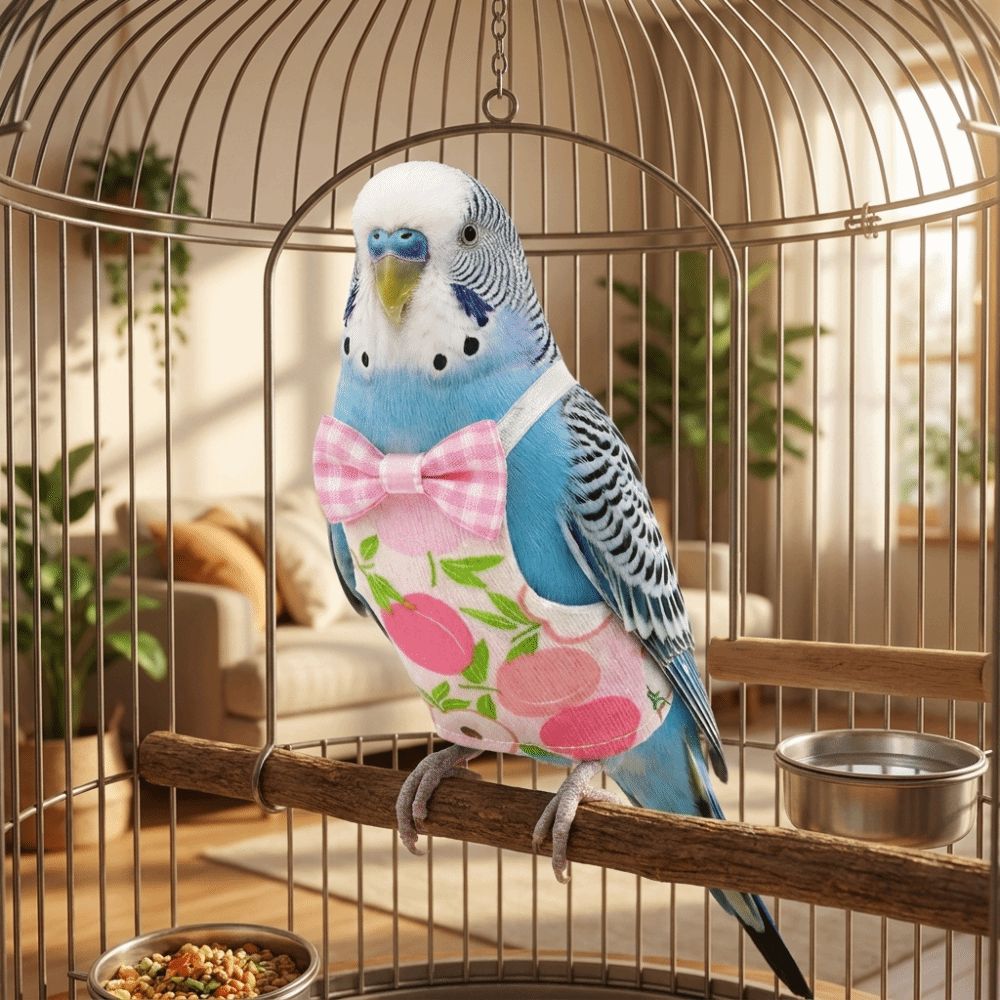 Bedding - 調節可能なペット用インコのおむつ、通気性のある蝶ネクタイ付き鳥用フライトスーツ、柔らかい生地のフルーツ柄インコ用フライングウェア、トレーニング用