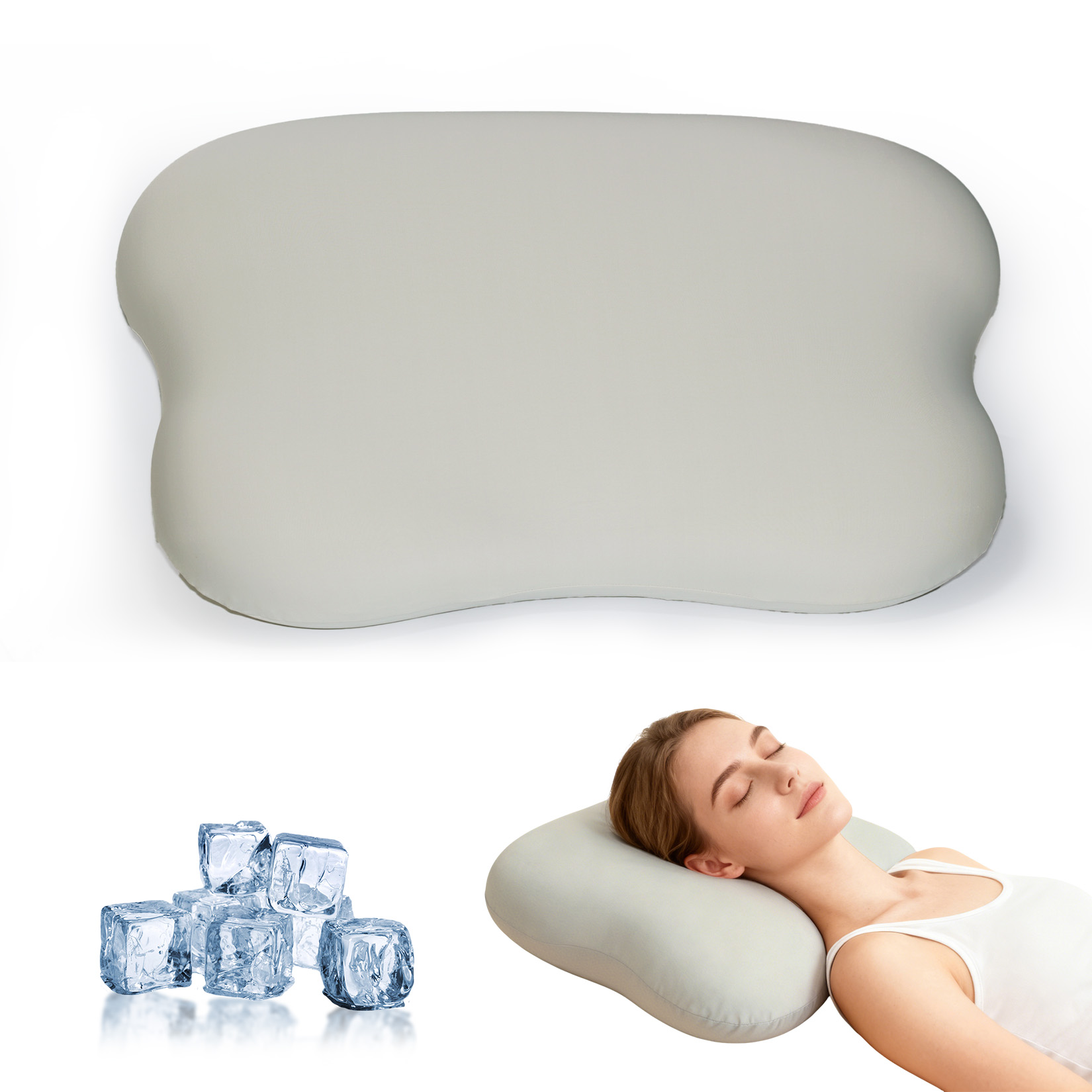 Memory Foam Orthopedic Pillow Neck Pain - 首や肩の痛みを和らげるためのネックピロー。冷却機能付きのエルゴノミックメモリーフォームを使用。横向き、仰向け、うつ伏せの寝姿勢に対応した整形外科的サポートクッション。グレー。