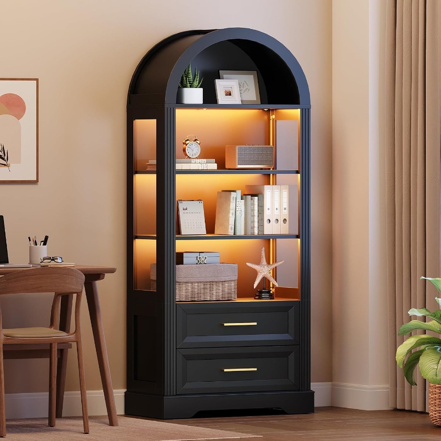 展示用キャビネット、背の高いアーチ型の本棚（引き出し2つ付き - Storage & Organization のレビューと価格