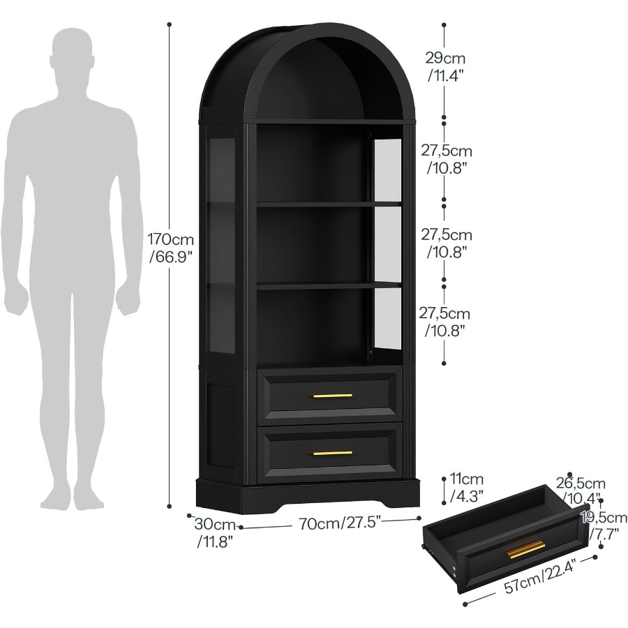 展示用キャビネット、背の高いアーチ型の本棚（引き出し2つ付き - Storage & Organization のレビューと価格
