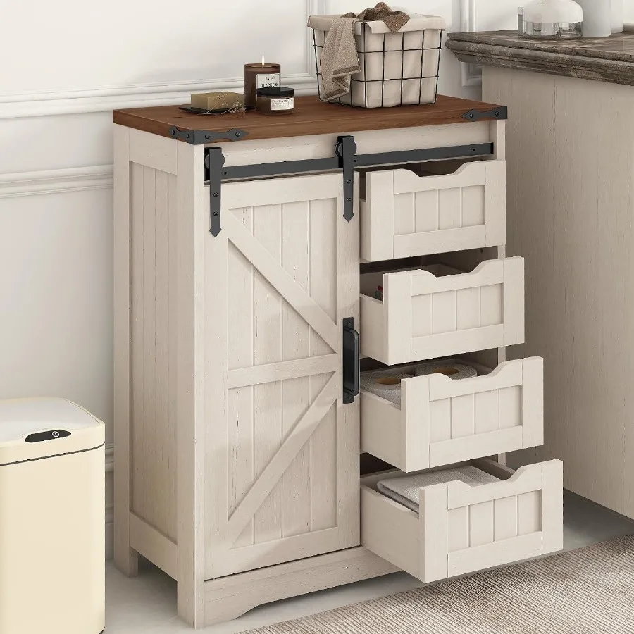 4つの引き出しとスライドドアを備えた、白いMDF製の、素朴な - Storage & Organization のレビューと価格