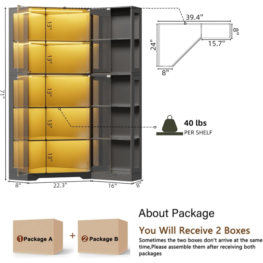 リビングに置くための、ガラス扉とLEDライト付きのコーナー型 - Storage & Organization のレビューと価格